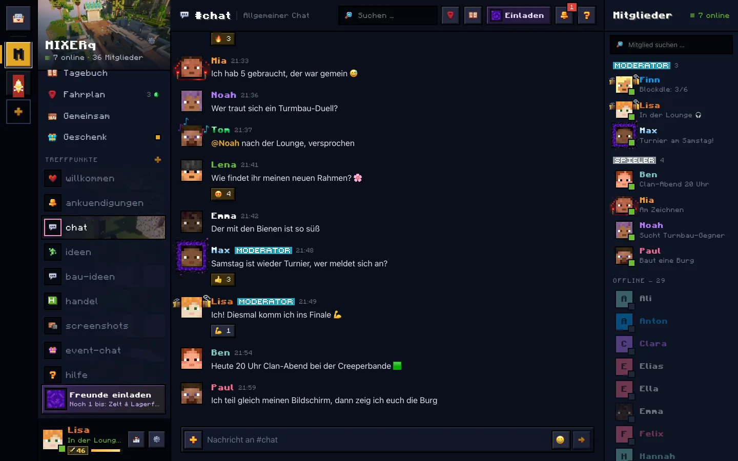 Die Plattform: Kanal #chat mit Nachrichten und Mitgliederliste