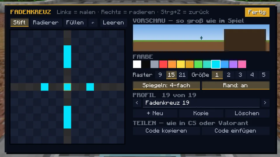 Fadenkreuz-Editor mit Pixelraster und Farben