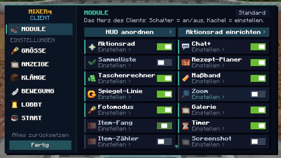 Menü Module: Funktionen an- und ausschalten