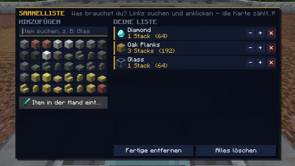 Sammelliste mit Diamanten, Eichenbrettern und Glas